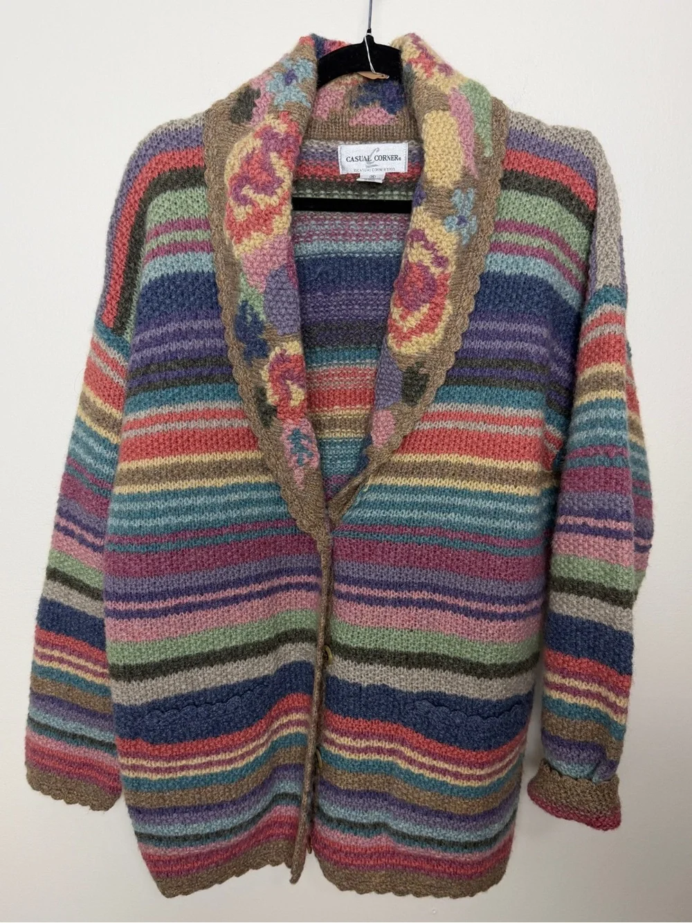 vintage Casual Corner shetland wool colorful maximalist floral stripe cardigan M - Picture 4 of 8